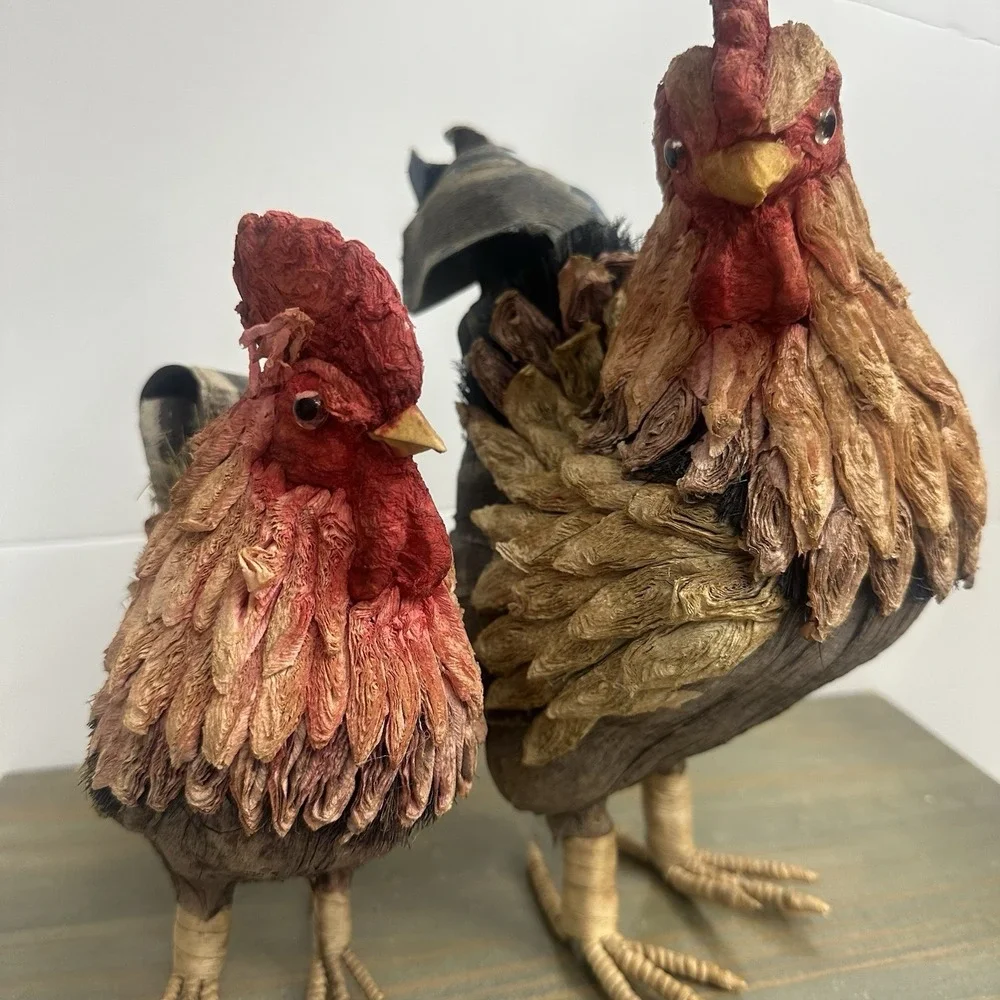 Set / 2 Vintage Paper Mache Rooster Chicken Hen Multi-colored Raffia Lightweight